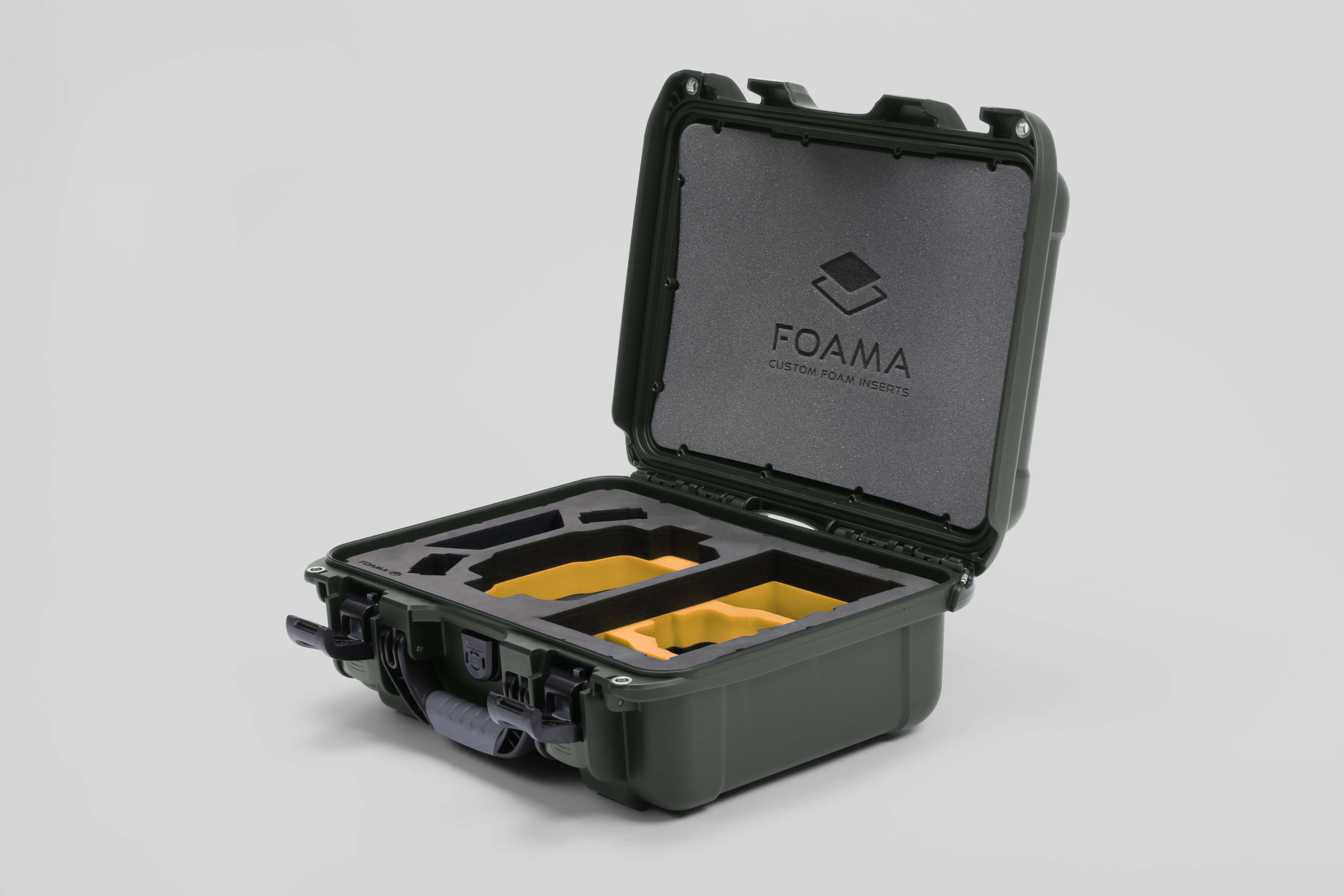 Angled view of Foama Olive Color Hard Case and Custom Foam Insert with a Stylish Yellow Layer for DJI Mini 3 & 4 Pro