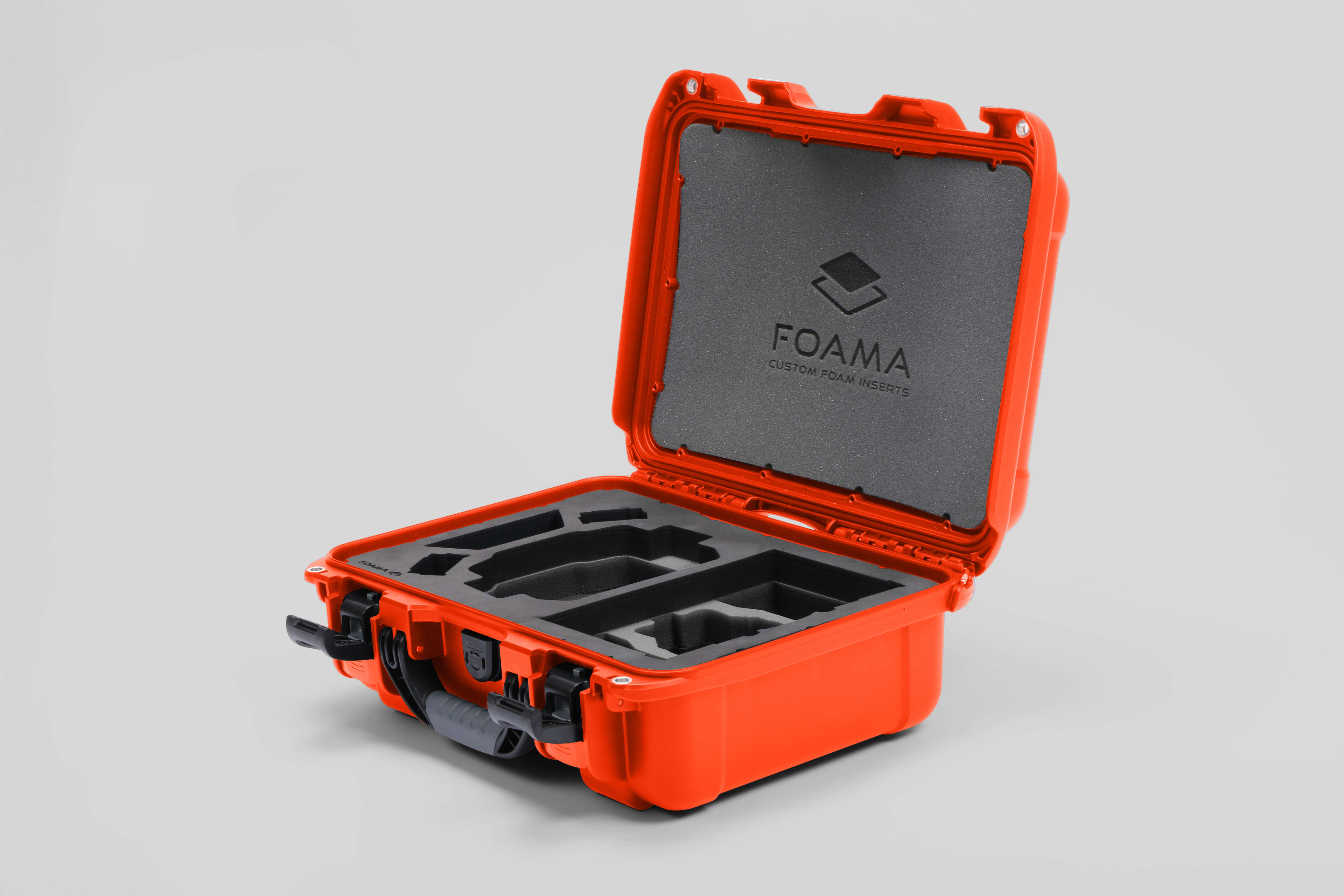 Angled view of Foama Orange Color Hard Case and Custom Foam Insert with a Stylish Black Layer for DJI Mini 3 & 4 Pro