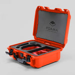 Angled view of Foama Orange Color Hard Case and Custom Foam Insert with a Stylish Red Layer for DJI Mini 3 & 4 Pro