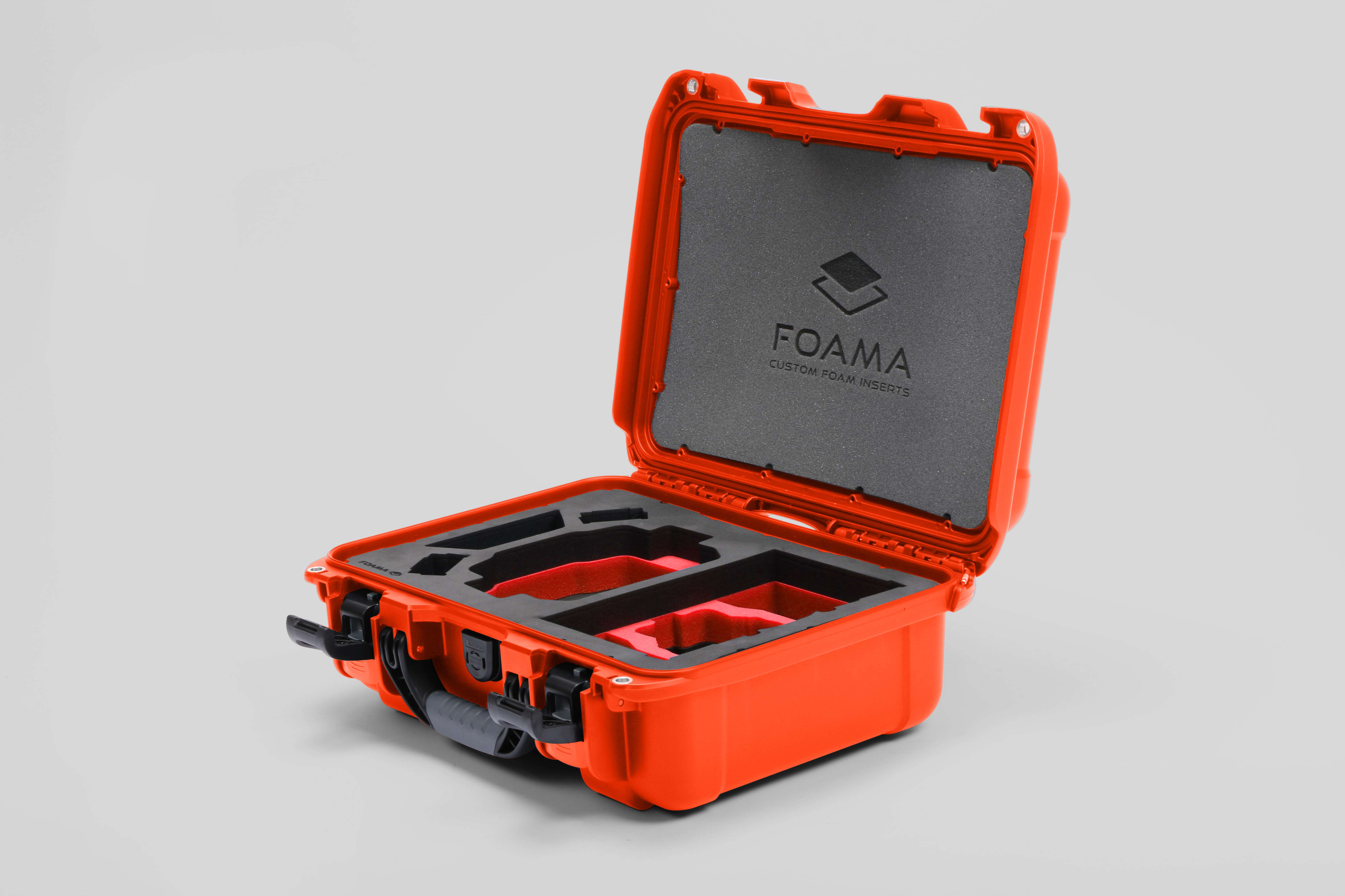 Angled view of Foama Orange Color Hard Case and Custom Foam Insert with a Stylish Red Layer for DJI Mini 3 & 4 Pro