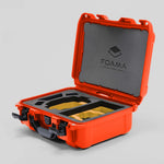 Angled view of Foama Orange Color Hard Case and Custom Foam Insert with a Stylish Yellow Layer for DJI Mini 3 & 4 Pro