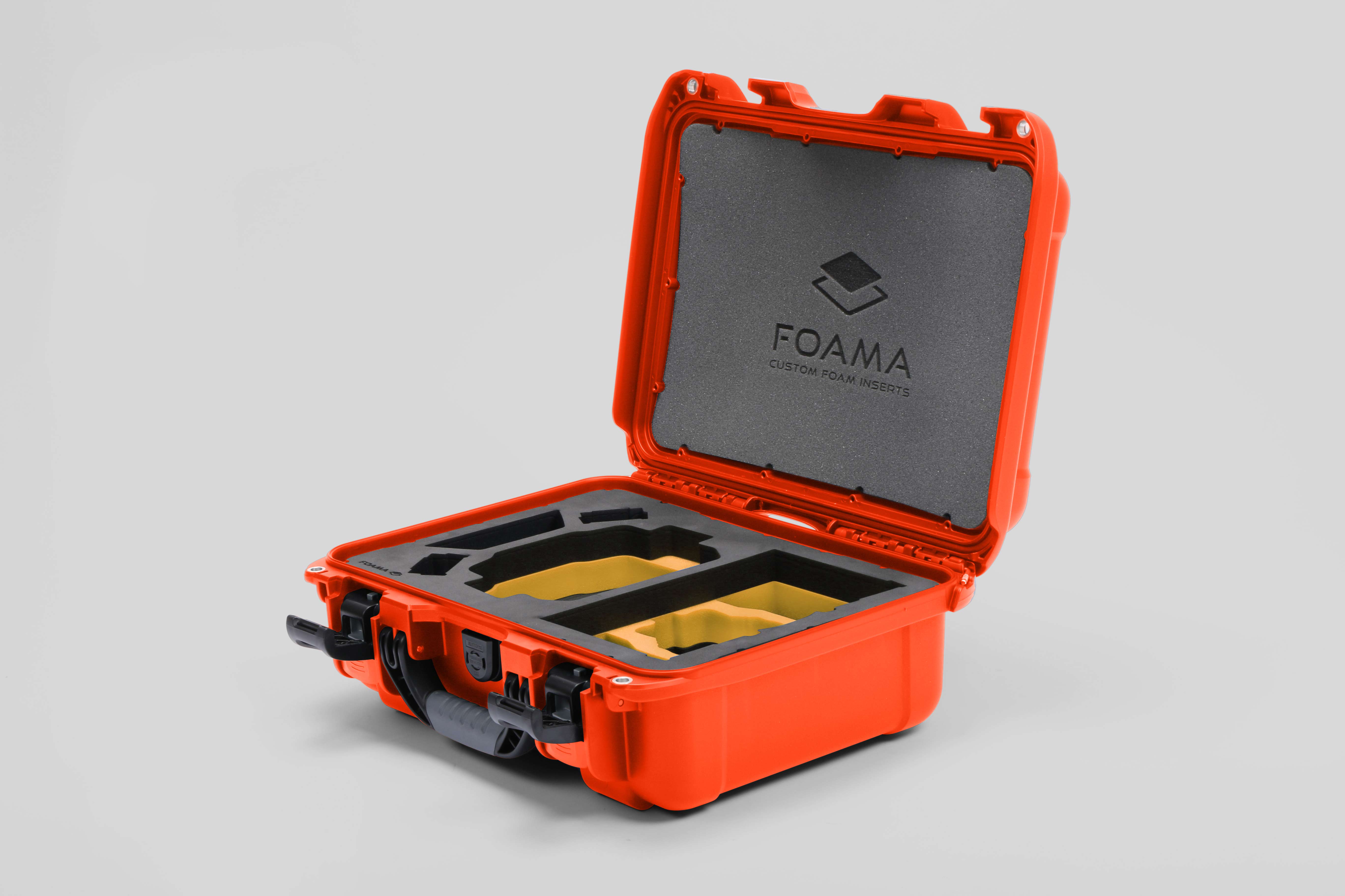 Angled view of Foama Orange Color Hard Case and Custom Foam Insert with a Stylish Yellow Layer for DJI Mini 3 & 4 Pro