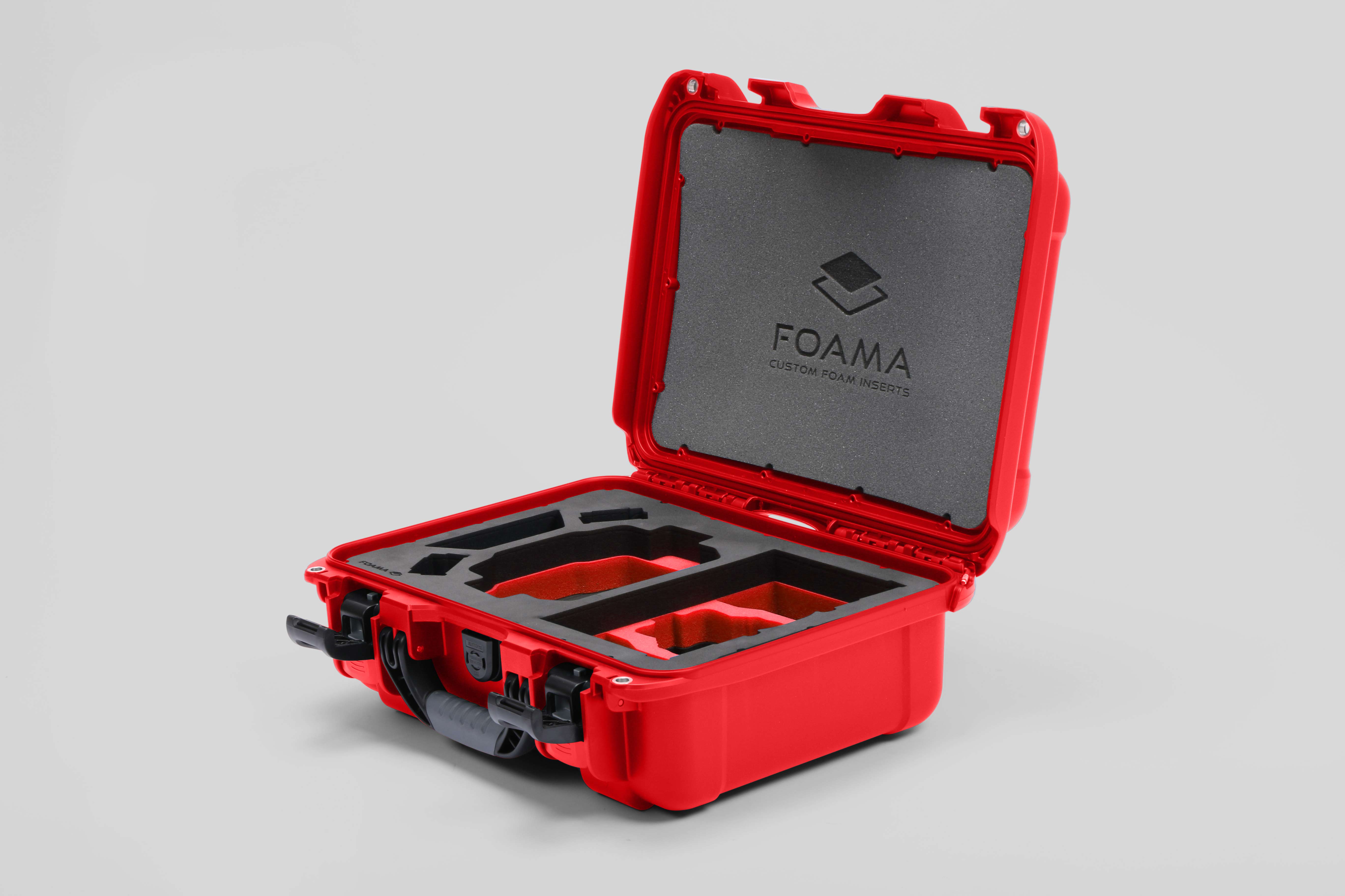 Angled view of Foama Red Color Hard Case and Custom Foam Insert with a Stylish Red Layer for DJI Mini 3 & 4 Pro