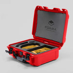 Angled view of Foama Red Color Hard Case and Custom Foam Insert with a Stylish Yellow Layer for DJI Mini 3 & 4 Pro