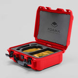 Angled view of Foama Red Color Hard Case and Custom Foam Insert with a Stylish Yellow Layer for DJI Mini 3 & 4 Pro