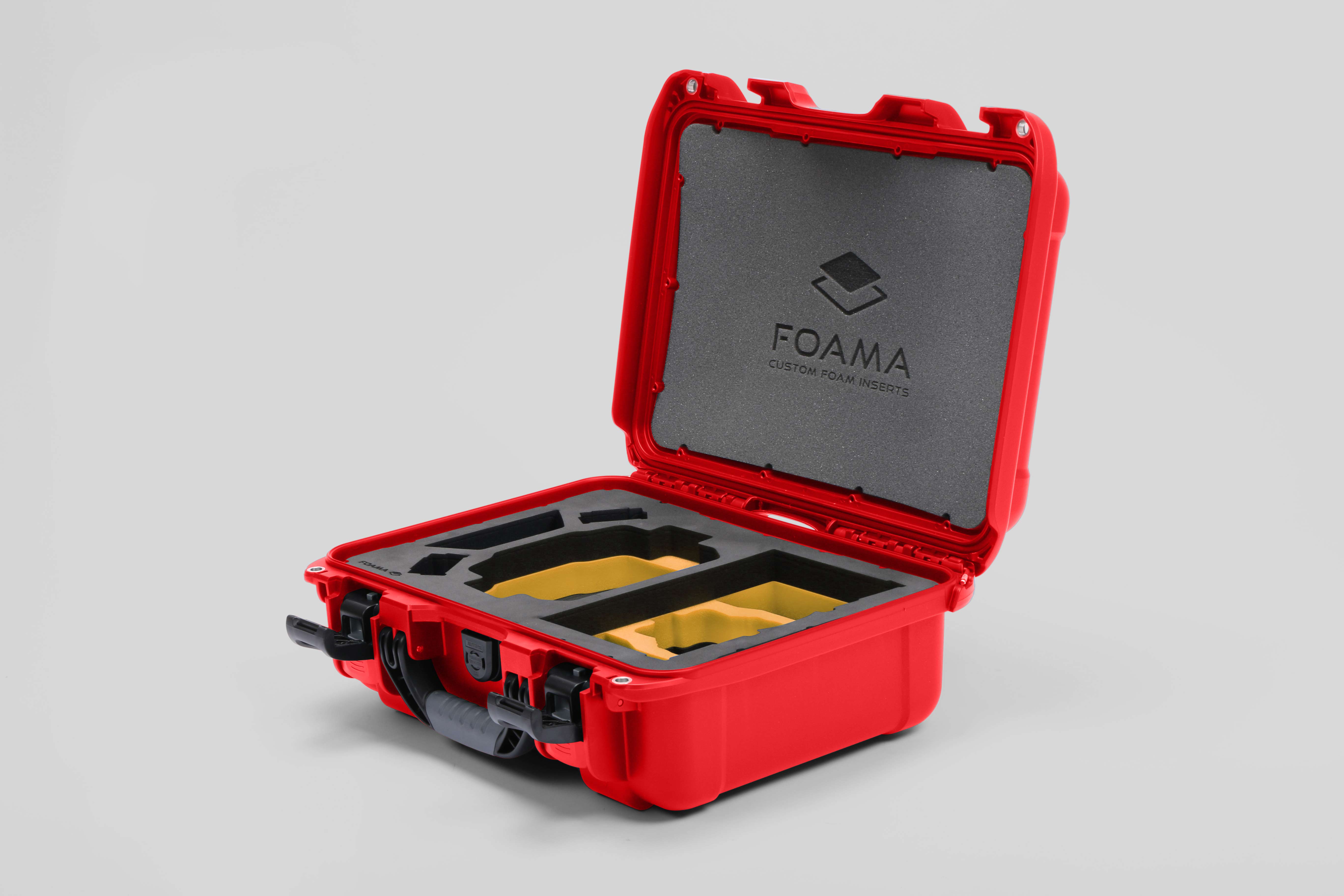Angled view of Foama Red Color Hard Case and Custom Foam Insert with a Stylish Yellow Layer for DJI Mini 3 & 4 Pro