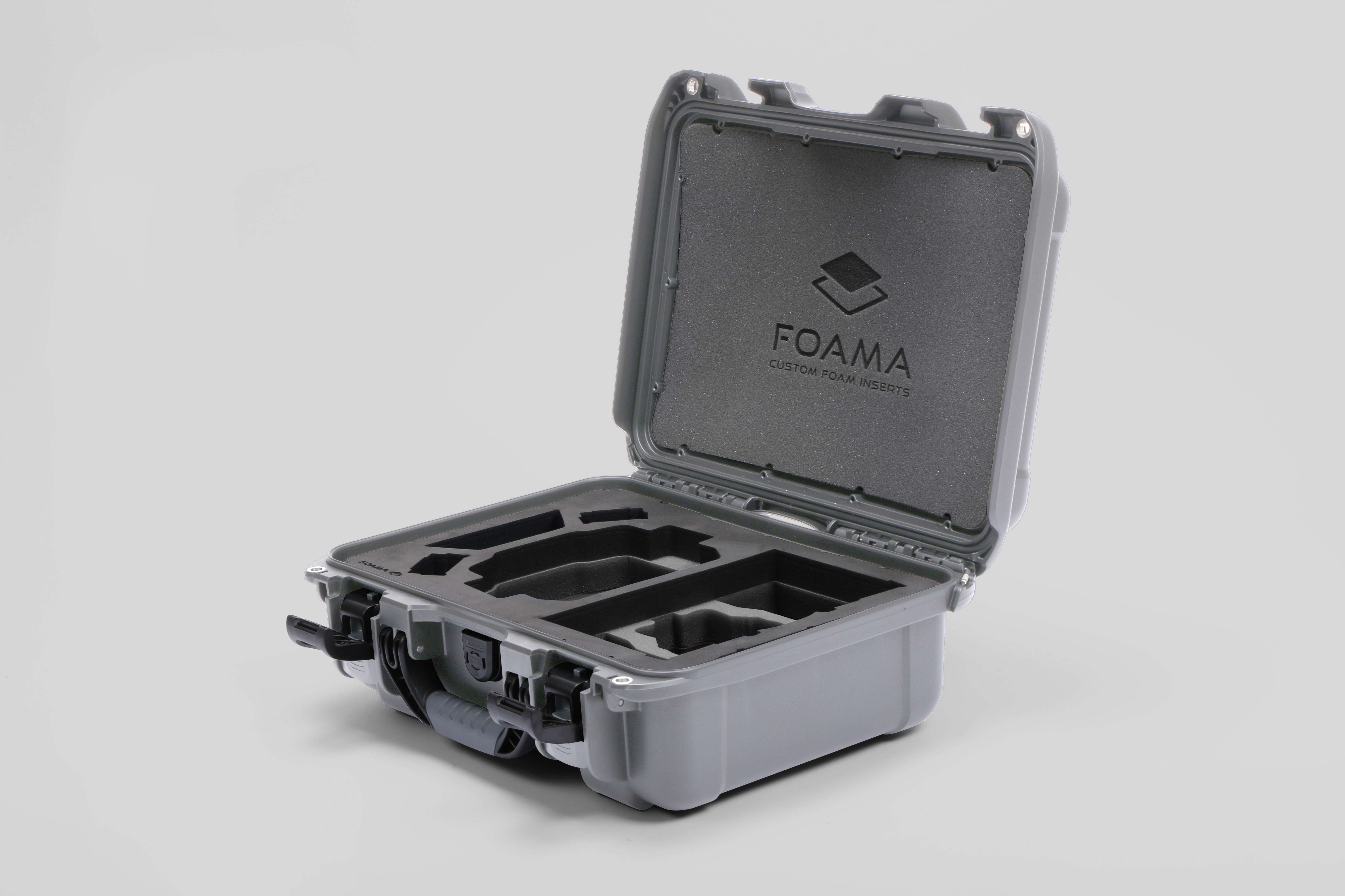 Angled view of Foama Silver Color Hard Case and Custom Foam Insert with a Stylish Black Layer for DJI Mini 3 & 4 Pro