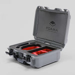 Angled view of Foama Silver Color Hard Case and Custom Foam Insert with a Stylish Red Layer for DJI Mini 3 & 4 Pro
