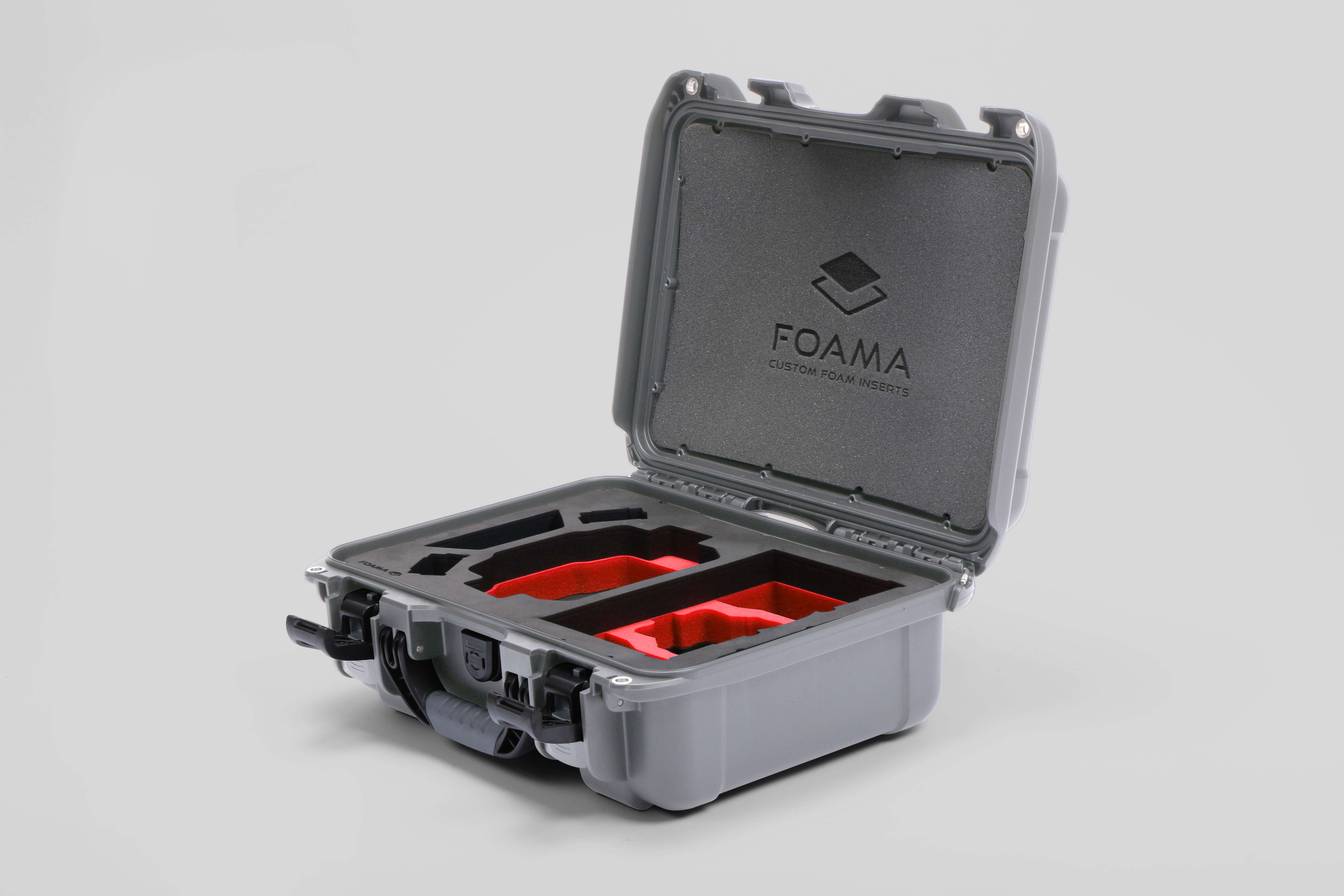 Angled view of Foama Silver Color Hard Case and Custom Foam Insert with a Stylish Red Layer for DJI Mini 3 & 4 Pro