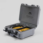 Angled view of Foama Silver Color Hard Case and Custom Foam Insert with a Stylish Yellow Layer for DJI Mini 3 & 4 Pro