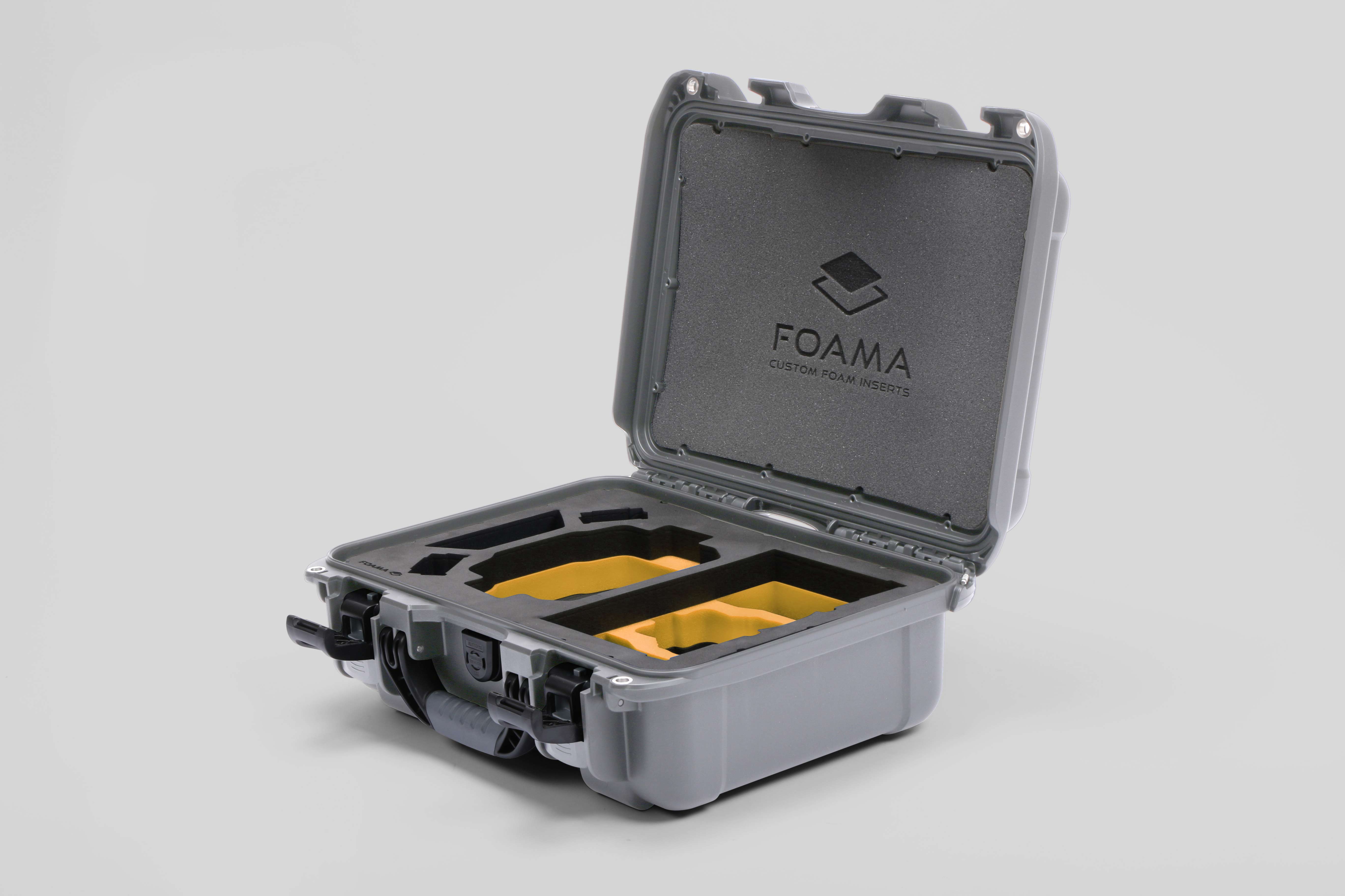 Angled view of Foama Silver Color Hard Case and Custom Foam Insert with a Stylish Yellow Layer for DJI Mini 3 & 4 Pro