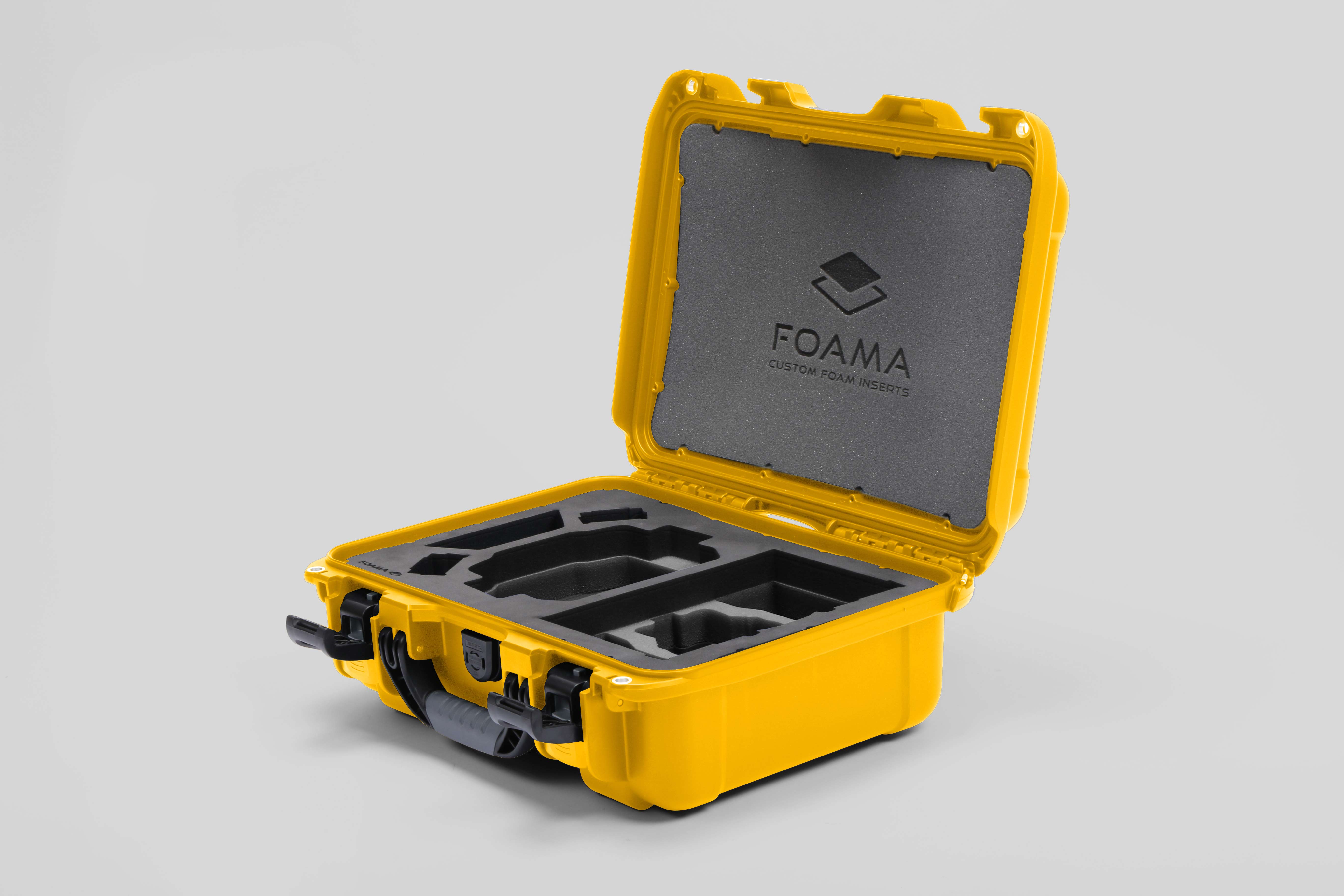 Angled view of Foama Yellow Color Hard Case and Custom Black Color Foam Insert for DJI Mini 3 & DJI Mini 4 Pro
