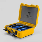 Angled view of Foama Yellow Color Hard Case and Custom Foam Insert with a Stylish Blue Layer for DJI Mini 3 & DJI Mini 4 Pro