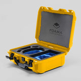 Angled view of Foama Yellow Color Hard Case and Custom Foam Insert with a Stylish Blue Layer for DJI Mini 3 & DJI Mini 4 Pro