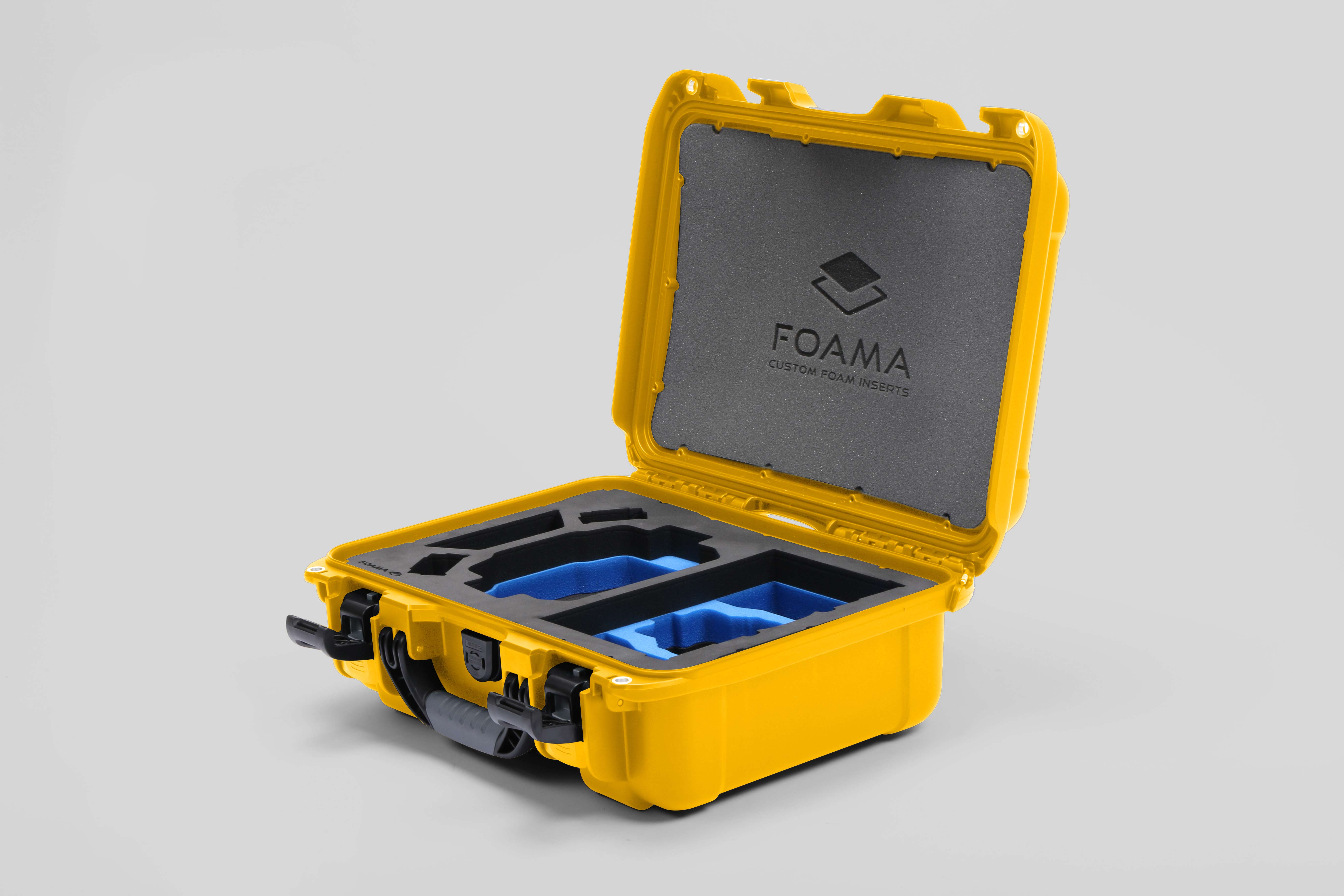 Angled view of Foama Yellow Color Hard Case and Custom Foam Insert with a Stylish Blue Layer for DJI Mini 3 & DJI Mini 4 Pro
