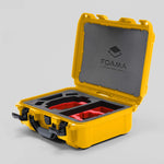 Angled view of Foama Yellow Color Hard Case and Custom Foam Insert with a Stylish Red Layer for DJI Mini 3 & DJI Mini 4 Pro