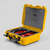 Angled view of Foama Yellow Color Hard Case and Custom Foam Insert with a Stylish Red Layer for DJI Mini 3 & DJI Mini 4 Pro