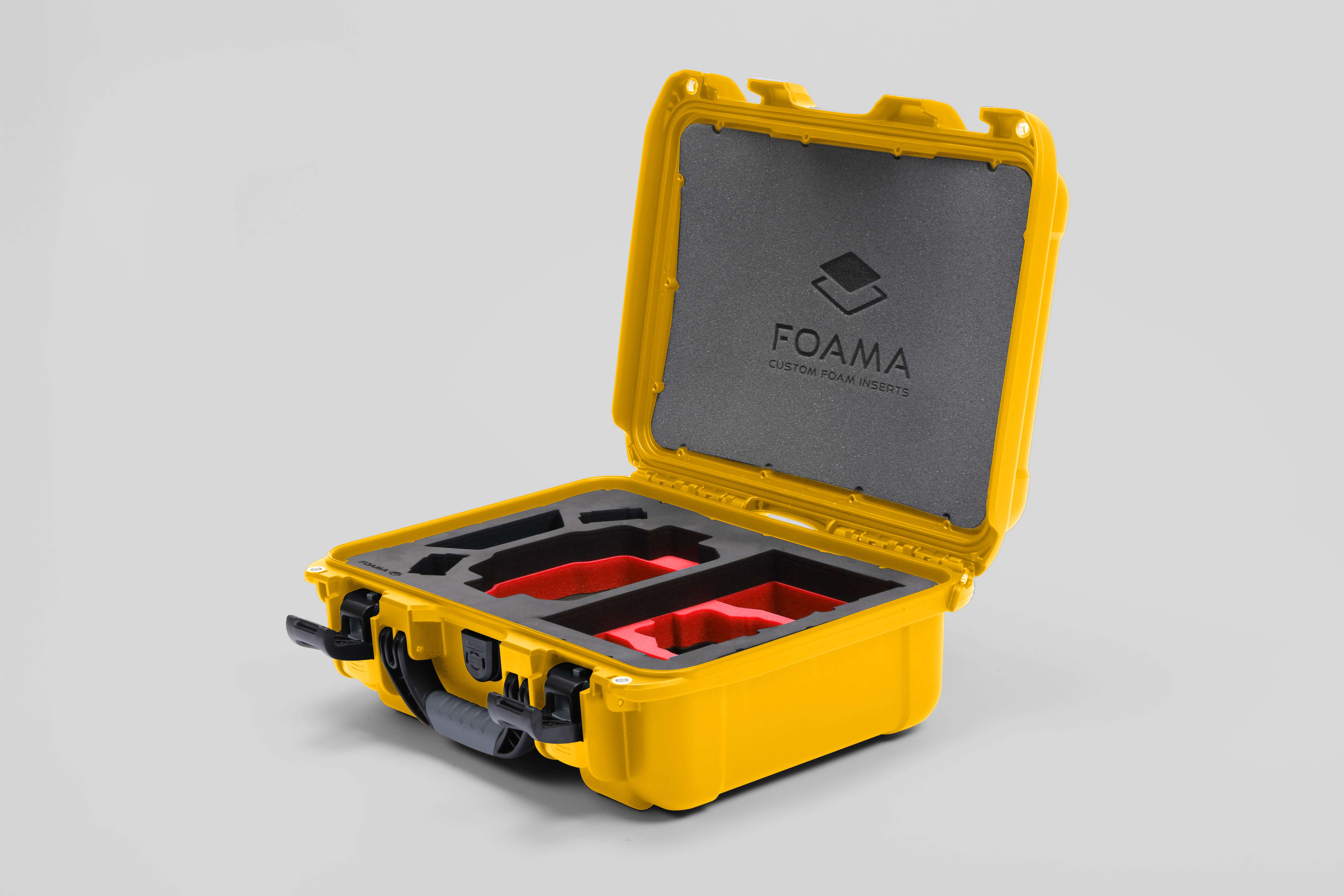 Angled view of Foama Yellow Color Hard Case and Custom Foam Insert with a Stylish Red Layer for DJI Mini 3 & DJI Mini 4 Pro