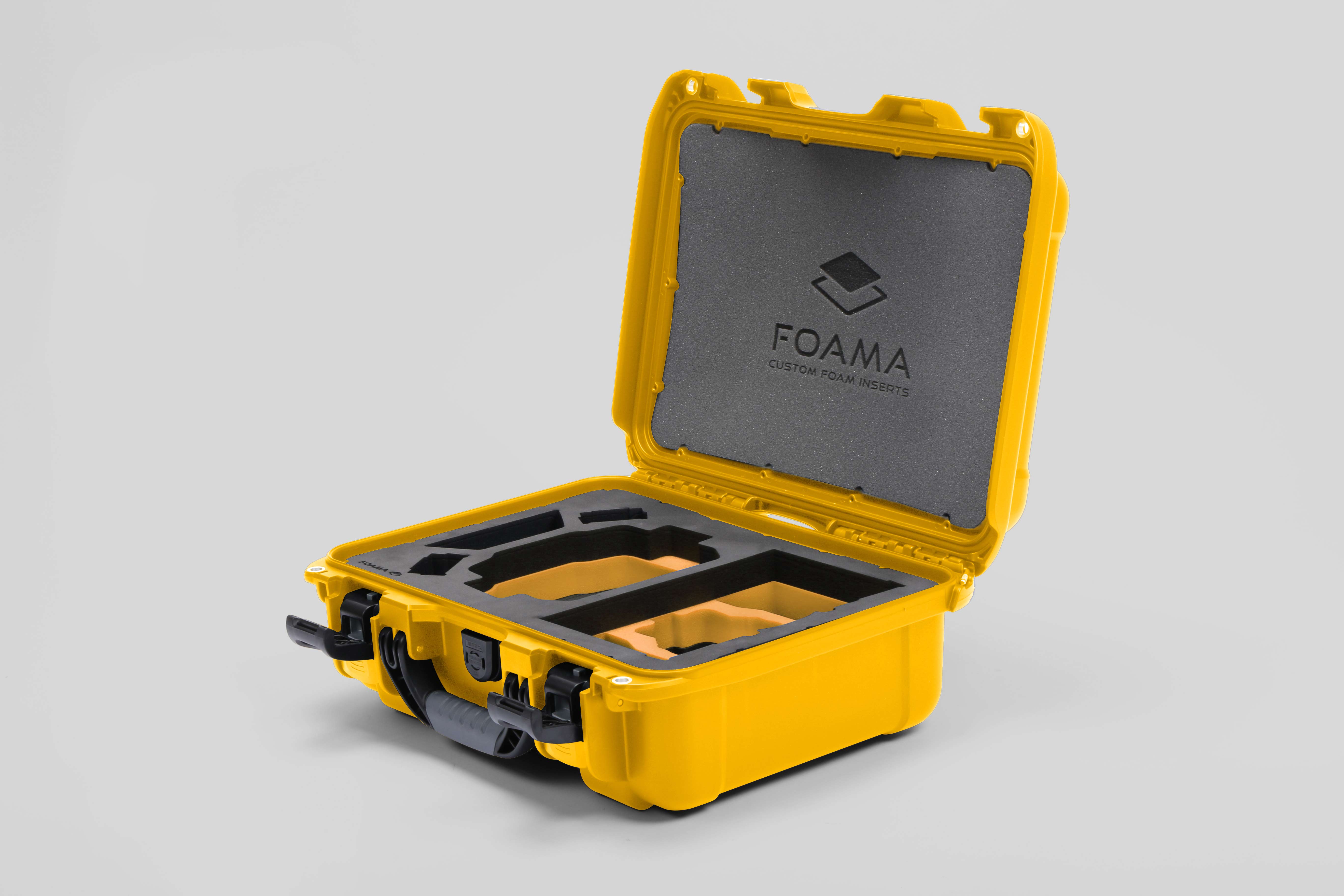 Angled view of Foama Yellow Color Hard Case and Custom Foam Insert with a Stylish Yellow Layer for DJI Mini 3 & DJI Mini 4 Pro